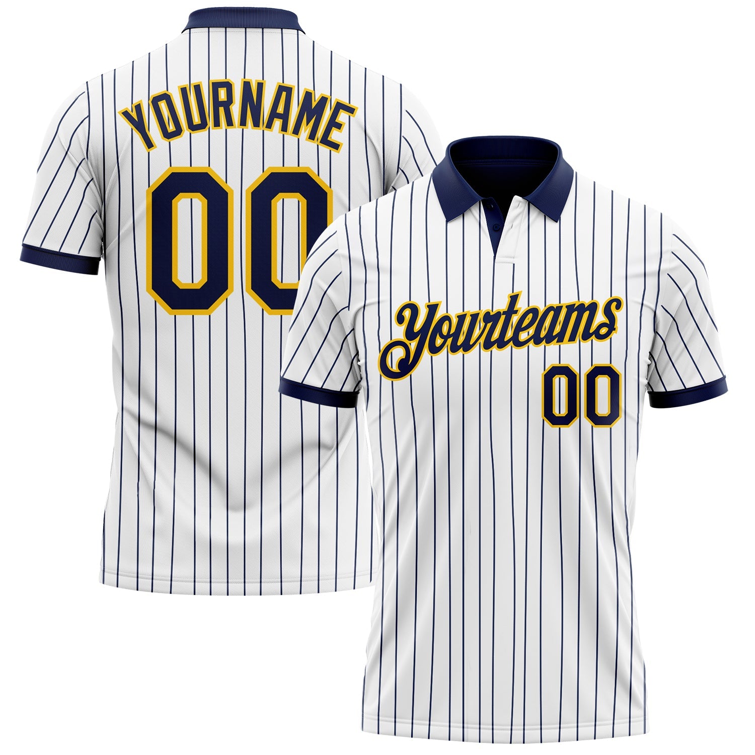 Custom White Navy Pinstripe-Yellow Performance Polo Shirt - Main View