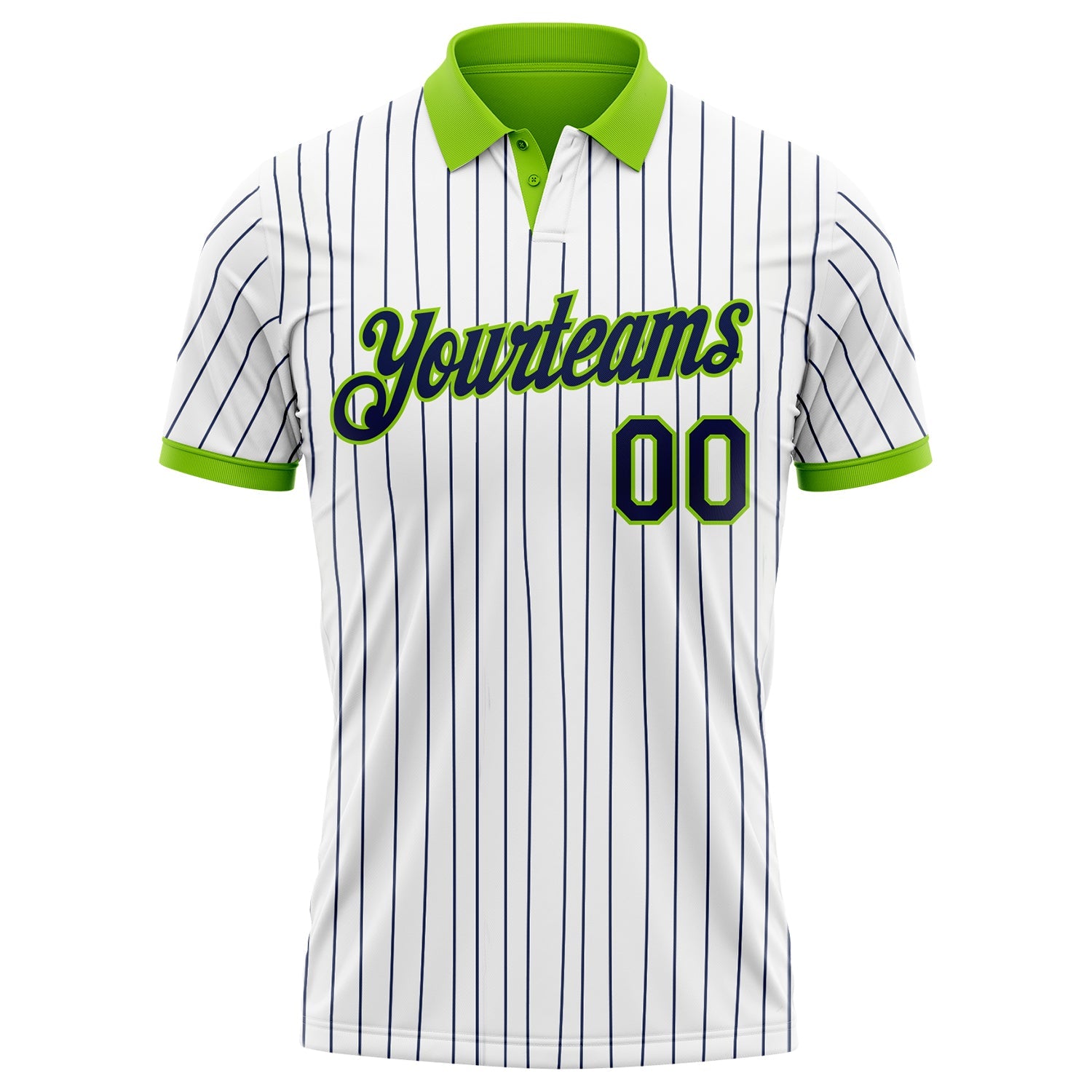 Custom White Navy Pinstripe-Neon Green Performance Polo Shirt view 2