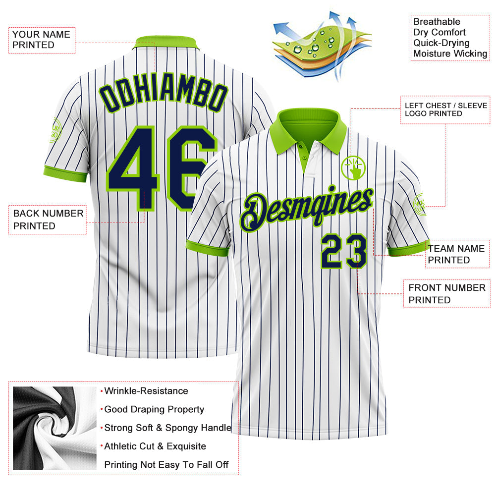 Custom White Navy Pinstripe-Neon Green Performance Polo Shirt view 3