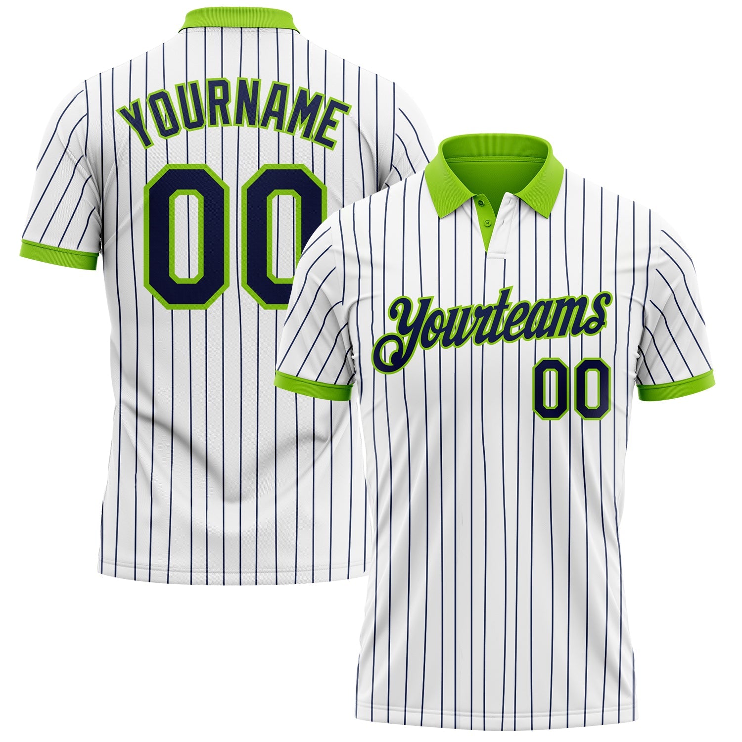 Custom White Navy Pinstripe-Neon Green Performance Polo Shirt - Main View