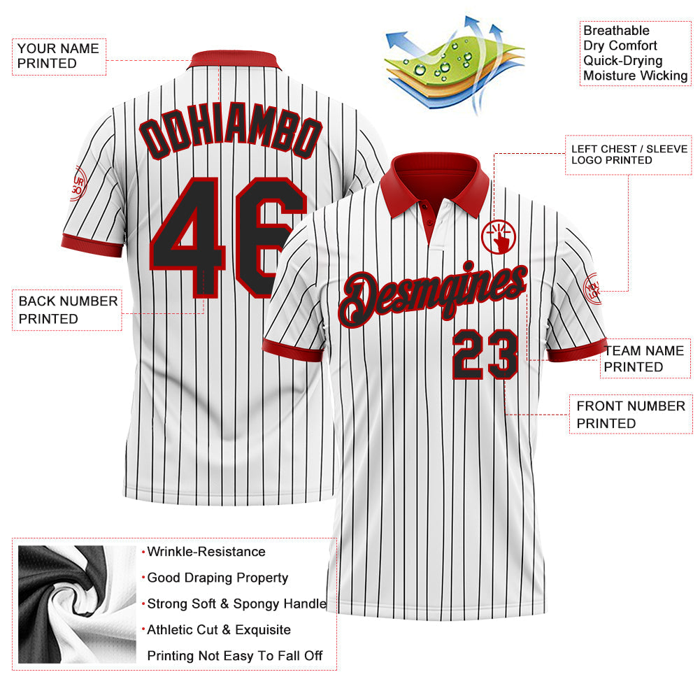 Custom White Black Pinstripe-Red Performance Polo Shirt view 3