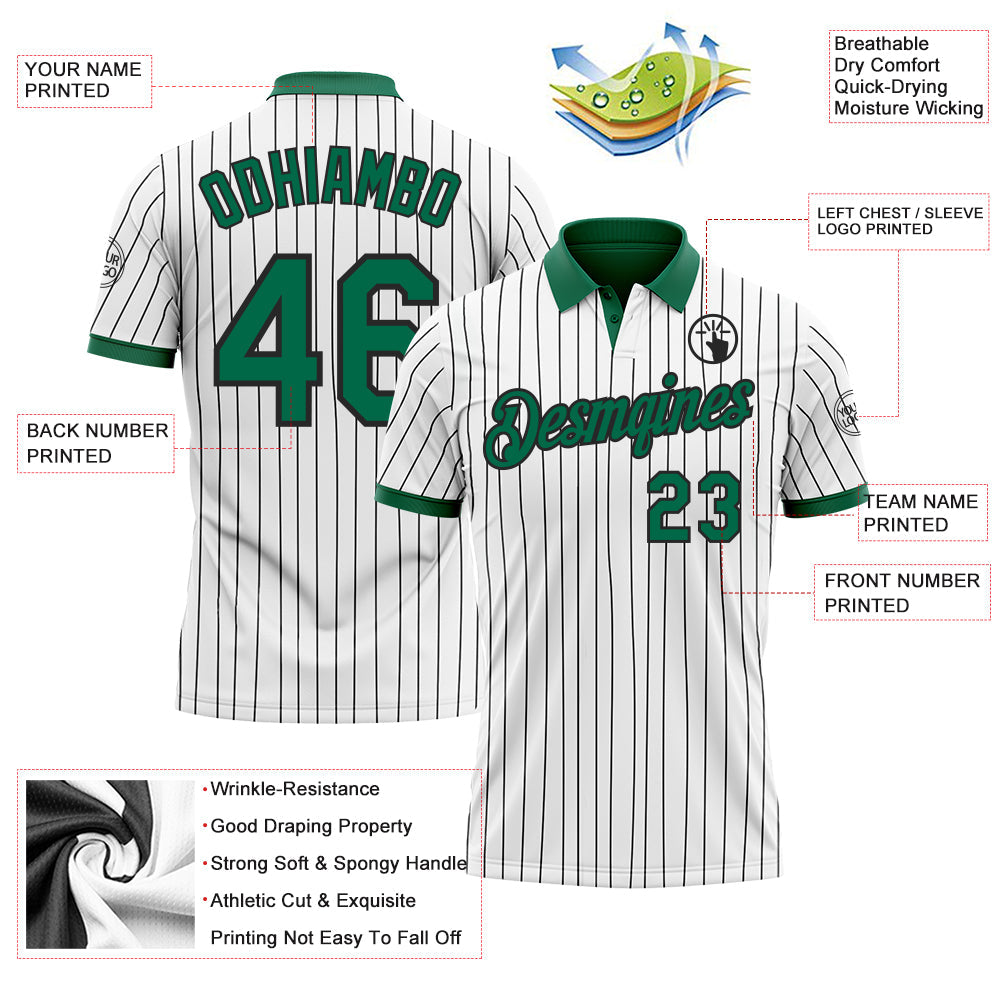 Custom White Black Pinstripe-Kelly Green Performance Polo Shirt view 3
