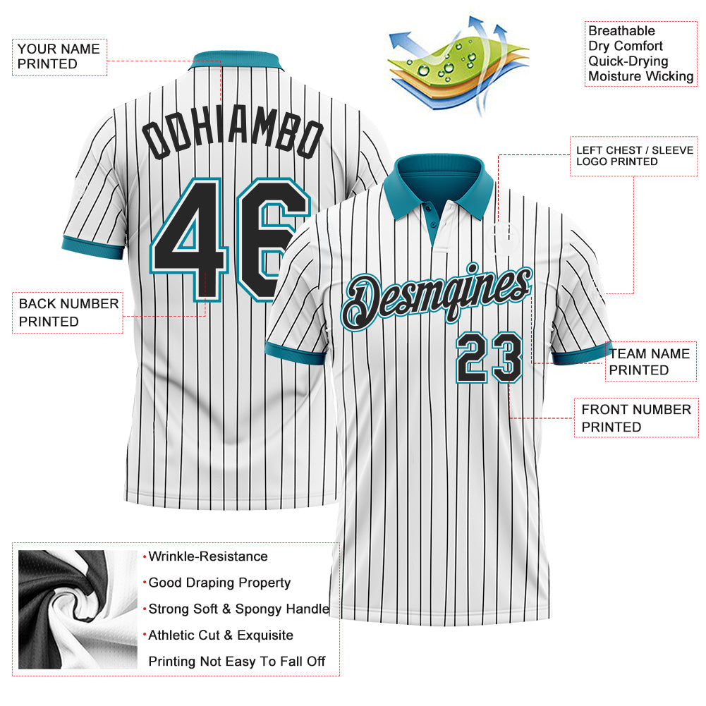 Custom White Black Pinstripe-Teal Performance Polo Shirt view 3