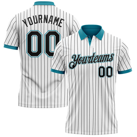 Custom White Black Pinstripe-Teal Performance Polo Shirt - Main View