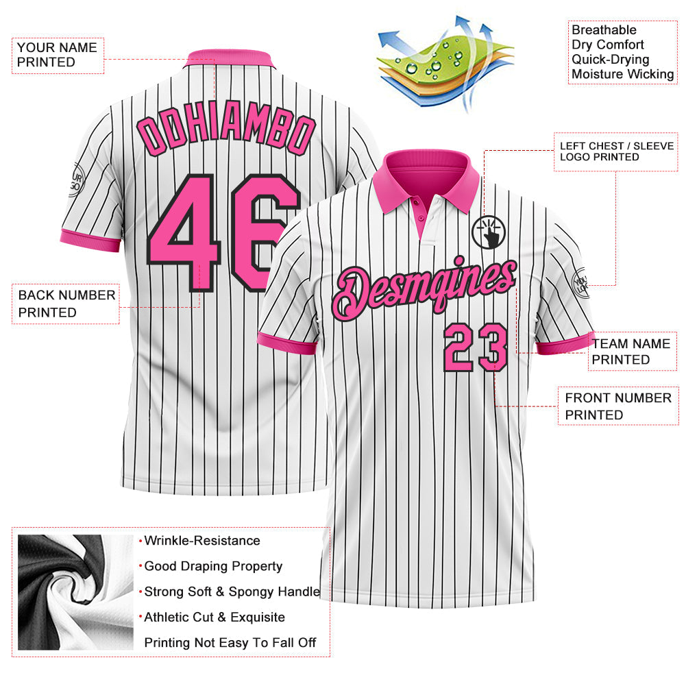 Custom White Black Pinstripe-Pink Performance Polo Shirt view 3
