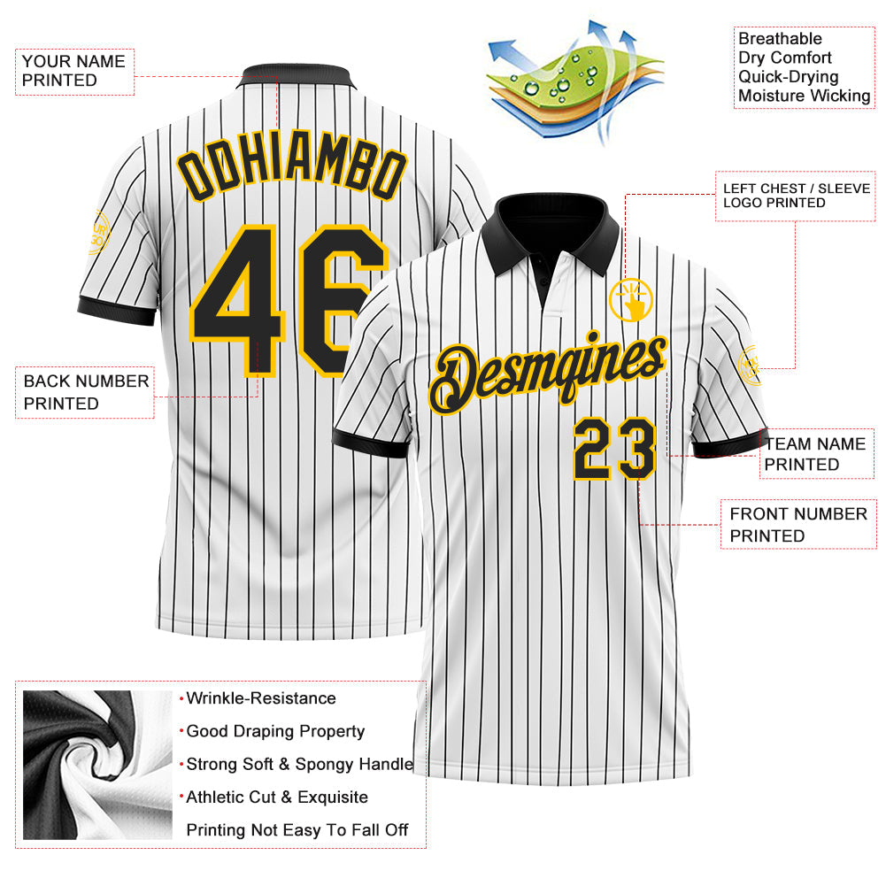 Custom White Black Pinstripe-Yellow Performance Polo Shirt view 3