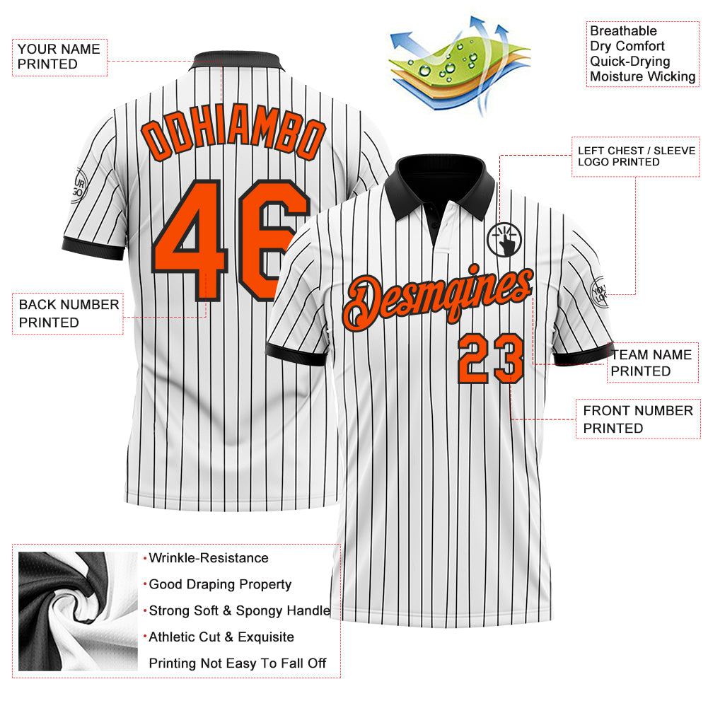 Custom White Black Pinstripe-Orange Performance Polo Shirt view 3