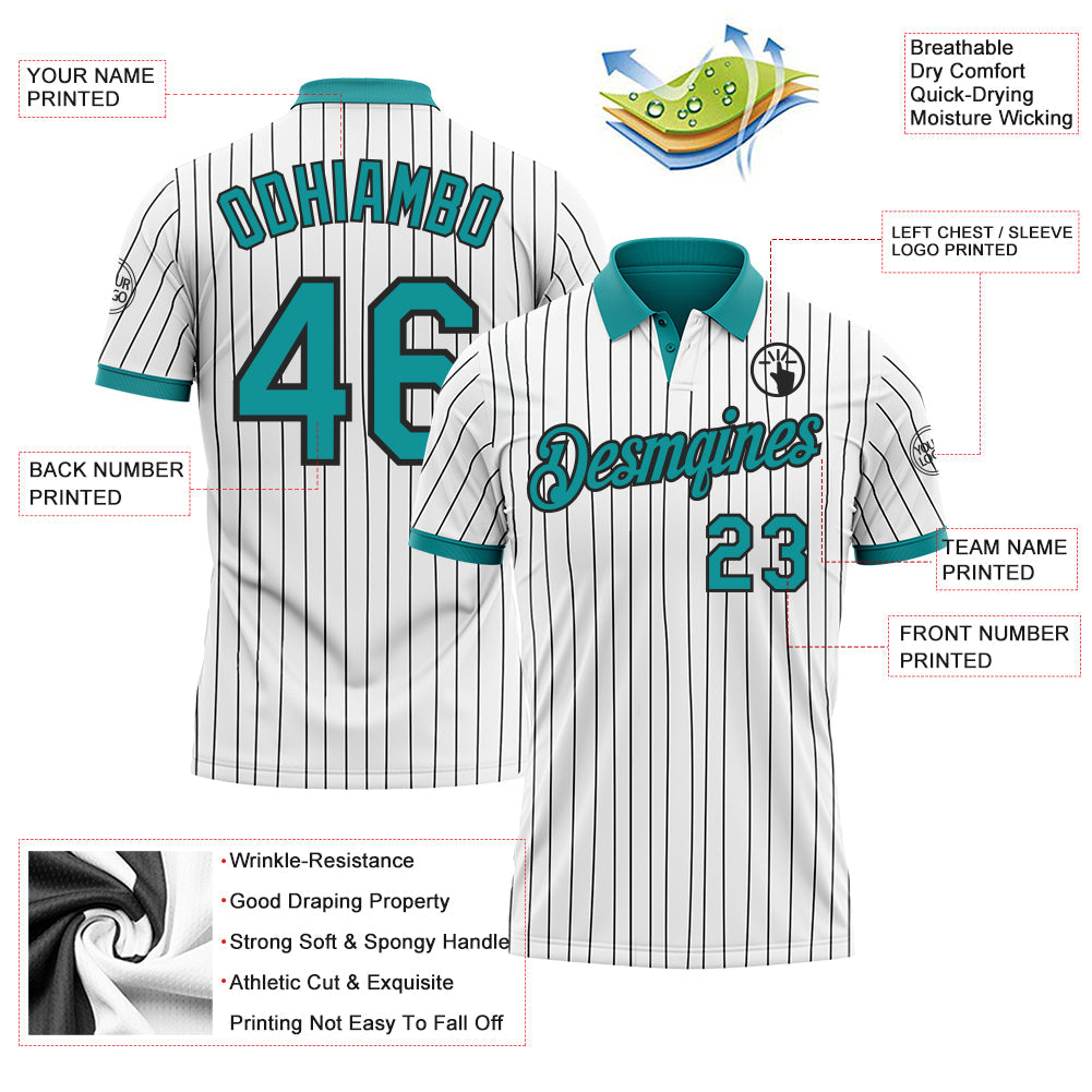 Custom White Black Pinstripe-Teal Performance Polo Shirt view 3