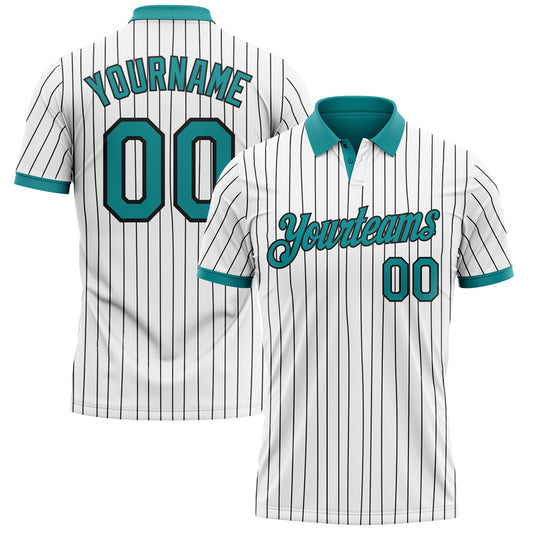 Custom White Black Pinstripe-Teal Performance Polo Shirt - Main View