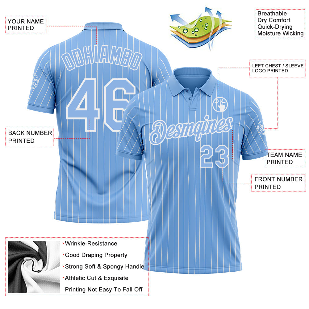 Custom Light Blue White Pinstripe-White Performance Polo Shirt view 3
