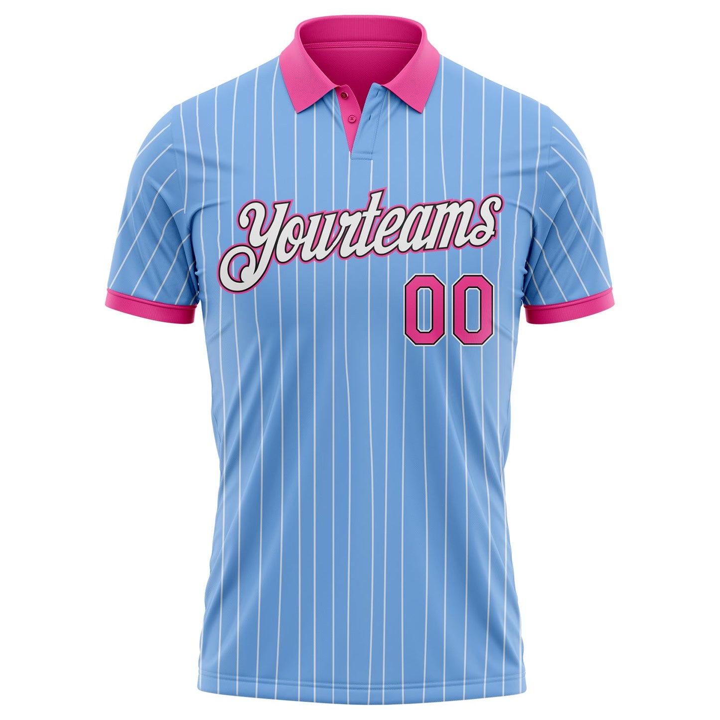 Custom Light Blue White Pinstripe Pink-Black Performance Polo Shirt view 2