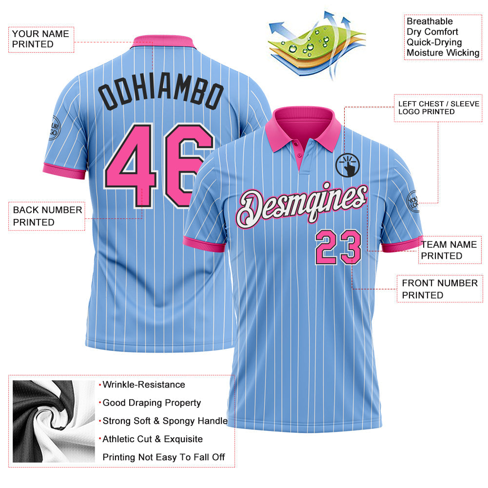 Custom Light Blue White Pinstripe Pink-Black Performance Polo Shirt view 3
