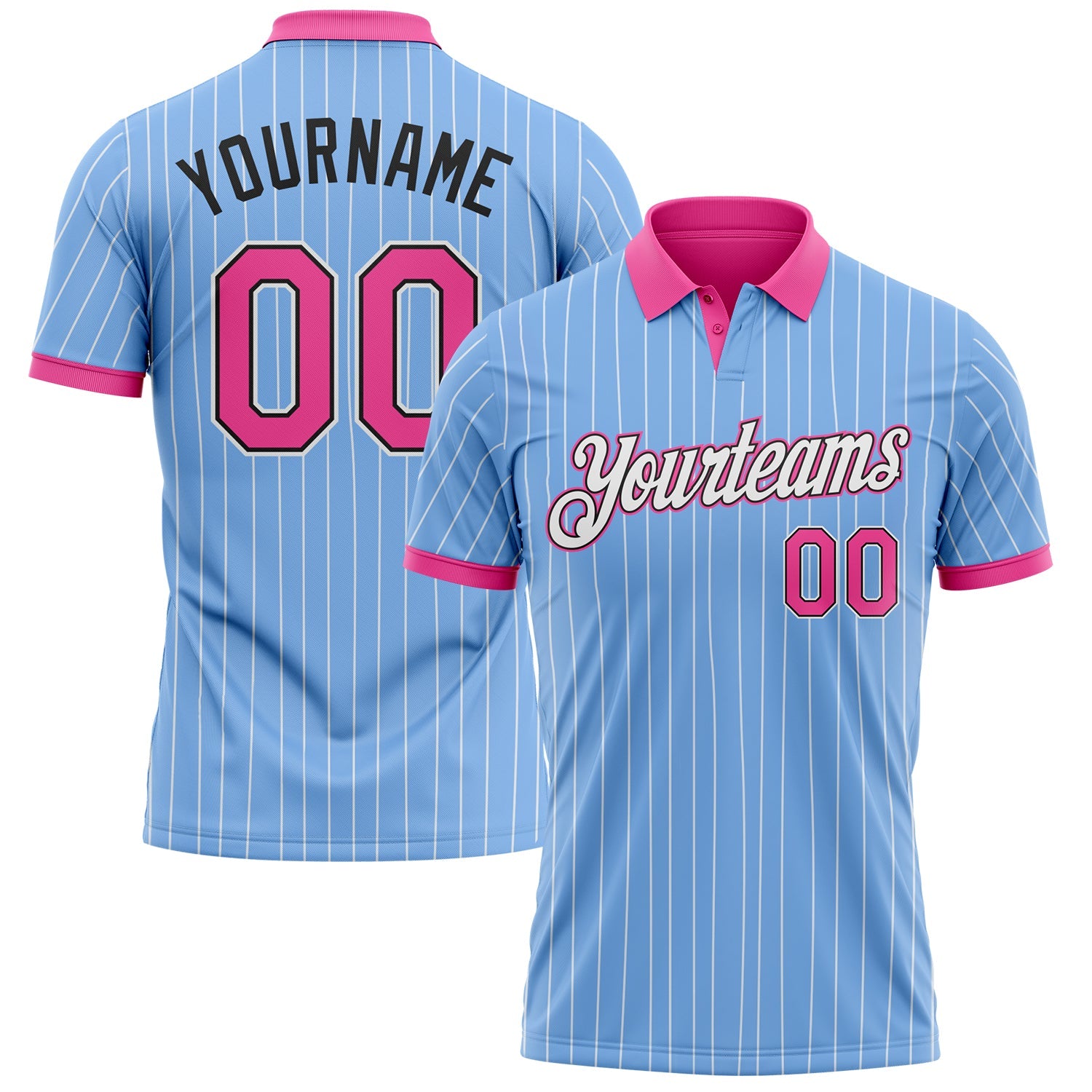 Custom Light Blue White Pinstripe Pink-Black Performance Polo Shirt - Main View