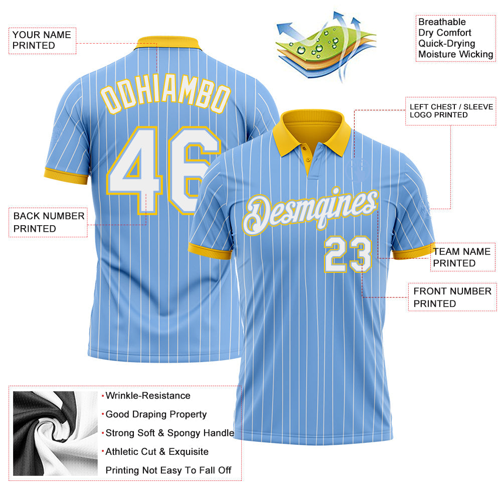 Custom Light Blue White Pinstripe-Yellow Performance Polo Shirt view 3