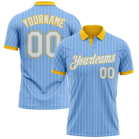 Custom Light Blue White Pinstripe-Yellow Performance Polo Shirt - Main View