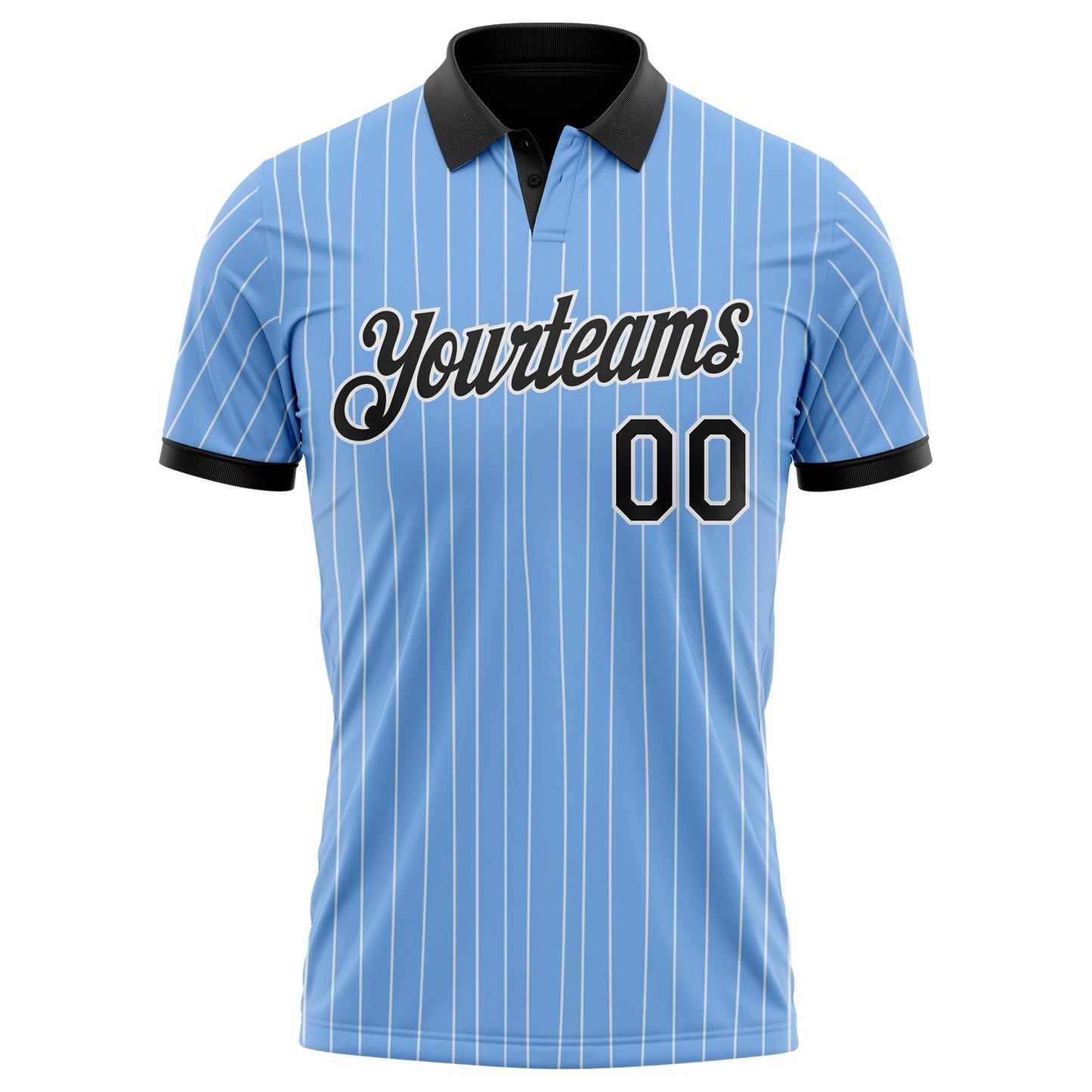 Custom Light Blue White Pinstripe-Black Performance Polo Shirt view 2