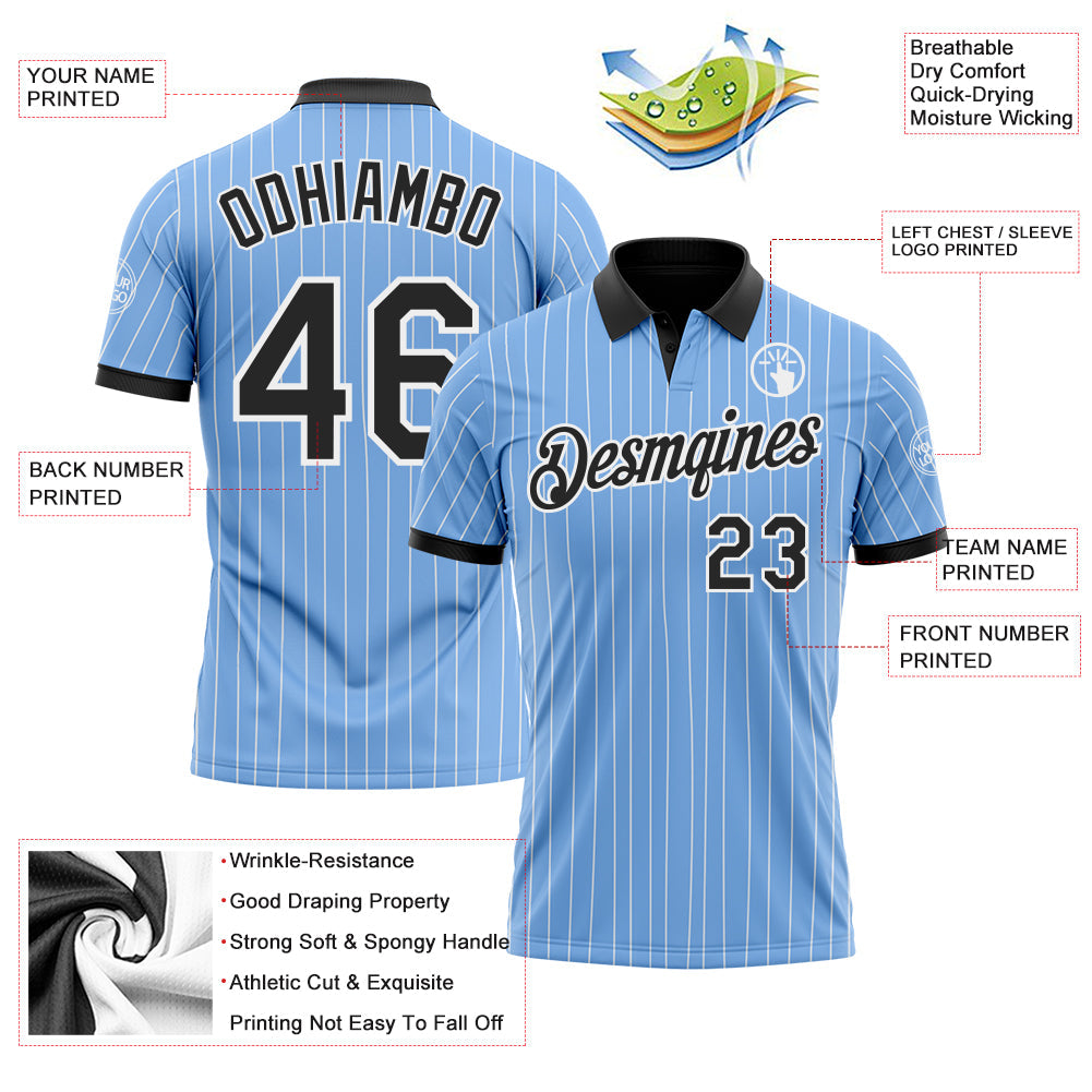 Custom Light Blue White Pinstripe-Black Performance Polo Shirt view 3