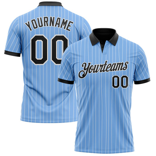 Custom Light Blue White Pinstripe-Black Performance Polo Shirt - Main View