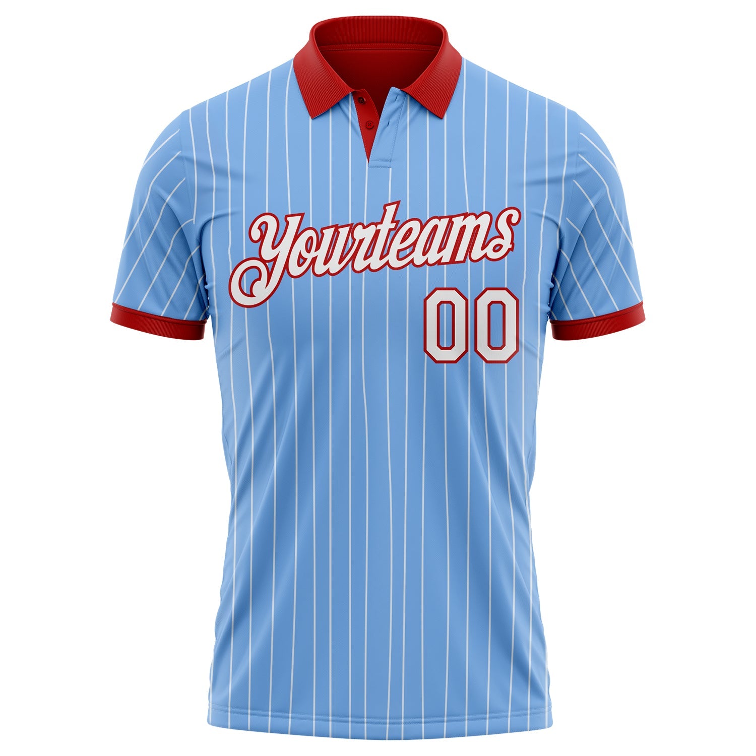 Custom Light Blue White Pinstripe-Red Performance Polo Shirt view 2