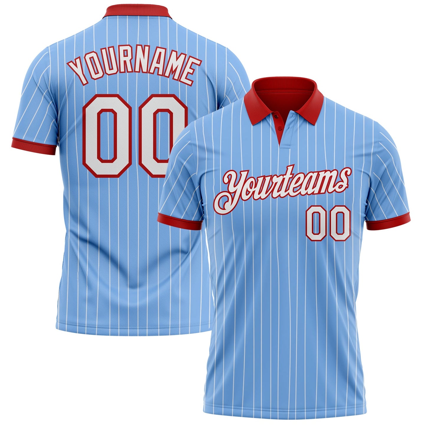 Custom Light Blue White Pinstripe-Red Performance Polo Shirt - Main View