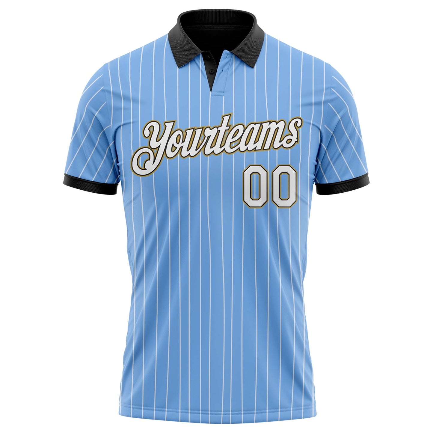 Custom Light Blue White Pinstripe Black-Old Gold Performance Polo Shirt view 2