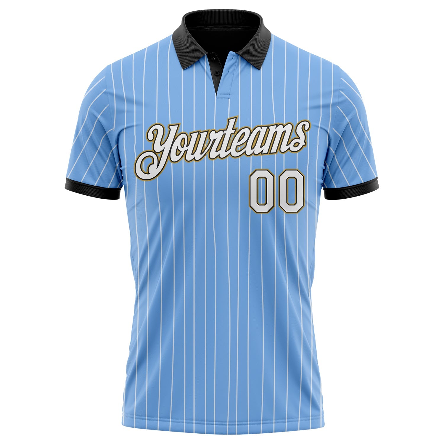 Custom Light Blue White Pinstripe Black-Old Gold Performance Polo Shirt view 2
