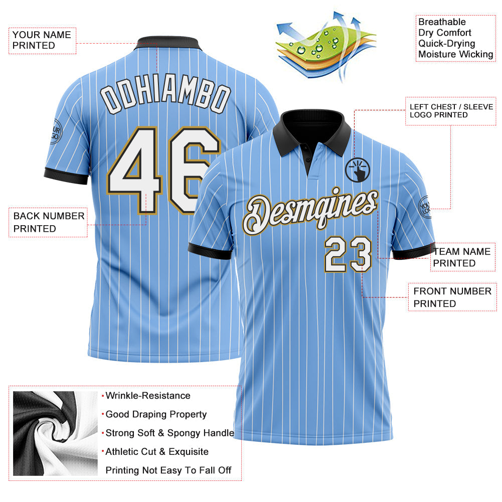 Custom Light Blue White Pinstripe Black-Old Gold Performance Polo Shirt view 3