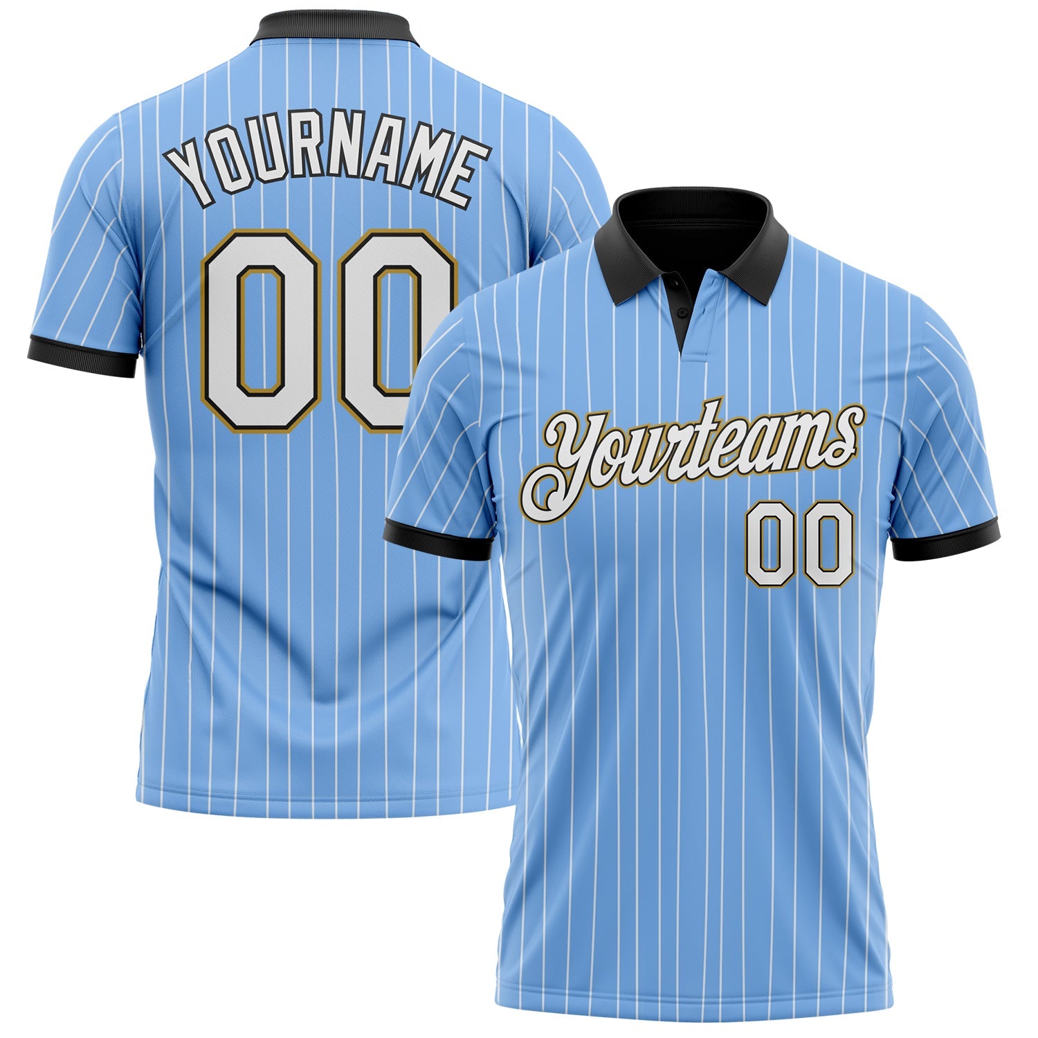 Custom Light Blue White Pinstripe Black-Old Gold Performance Polo Shirt - Main View