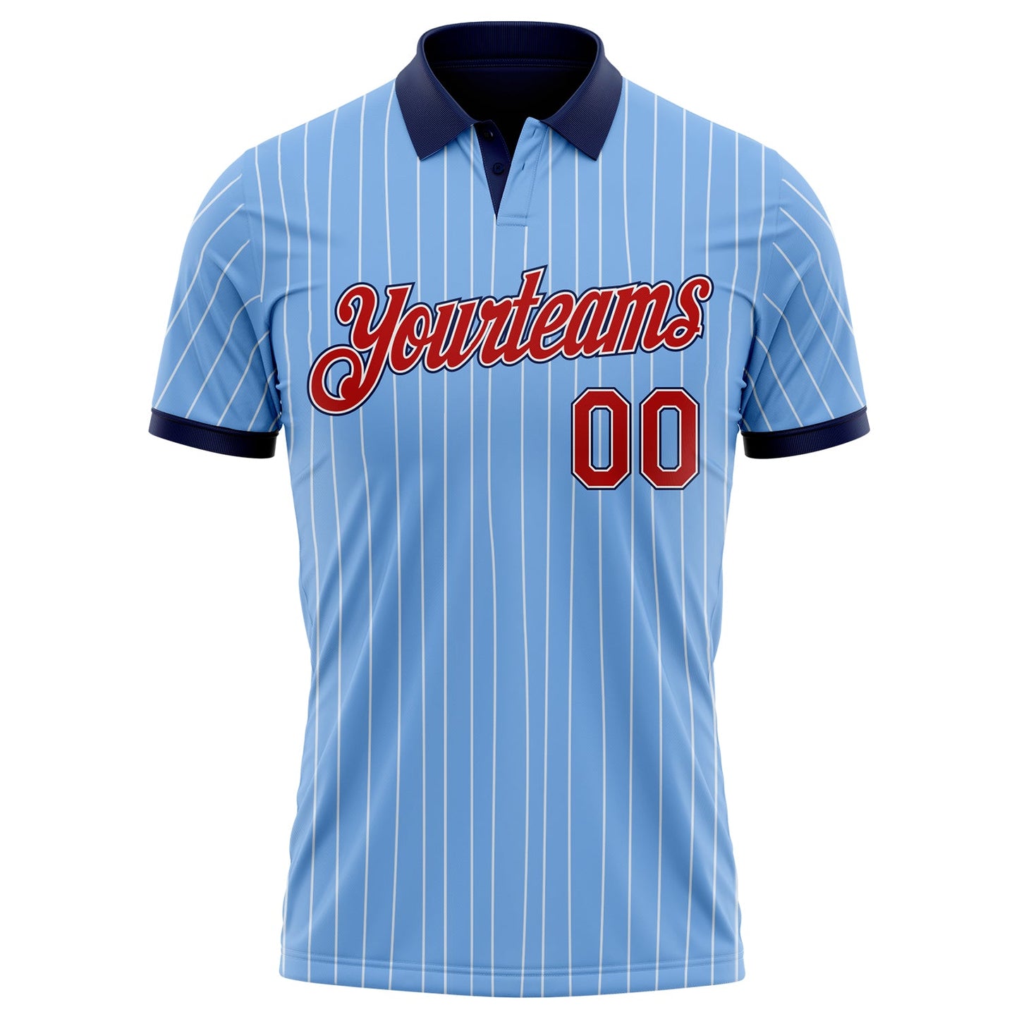 Custom Light Blue White Pinstripe Red-Navy Performance Polo Shirt view 2