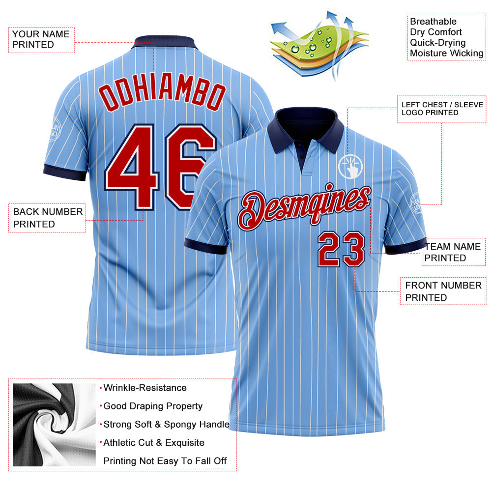 Custom Light Blue White Pinstripe Red-Navy Performance Polo Shirt view 3