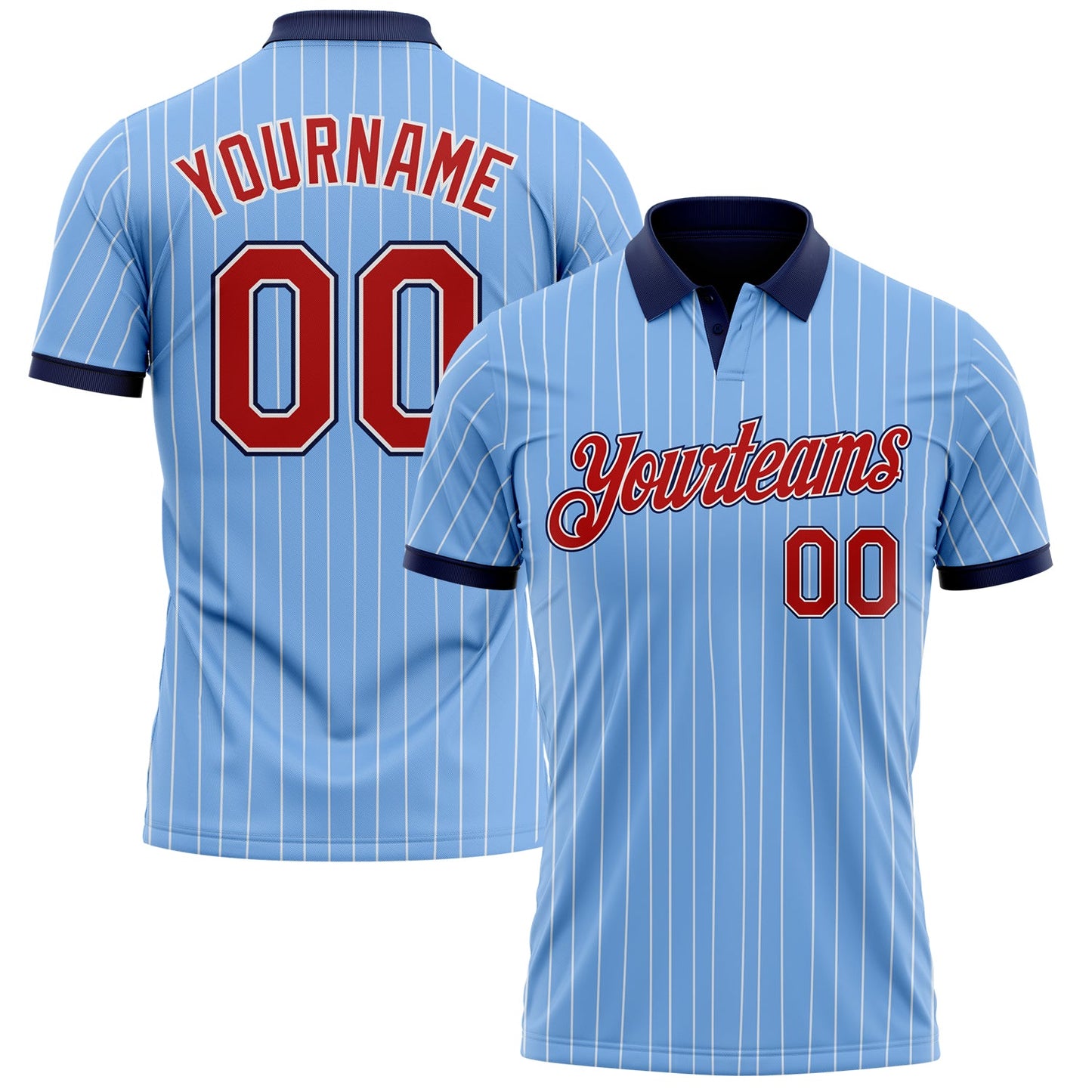 Custom Light Blue White Pinstripe Red-Navy Performance Polo Shirt - Main View