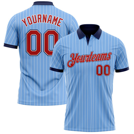 Custom Light Blue White Pinstripe Red-Navy Performance Polo Shirt - Main View