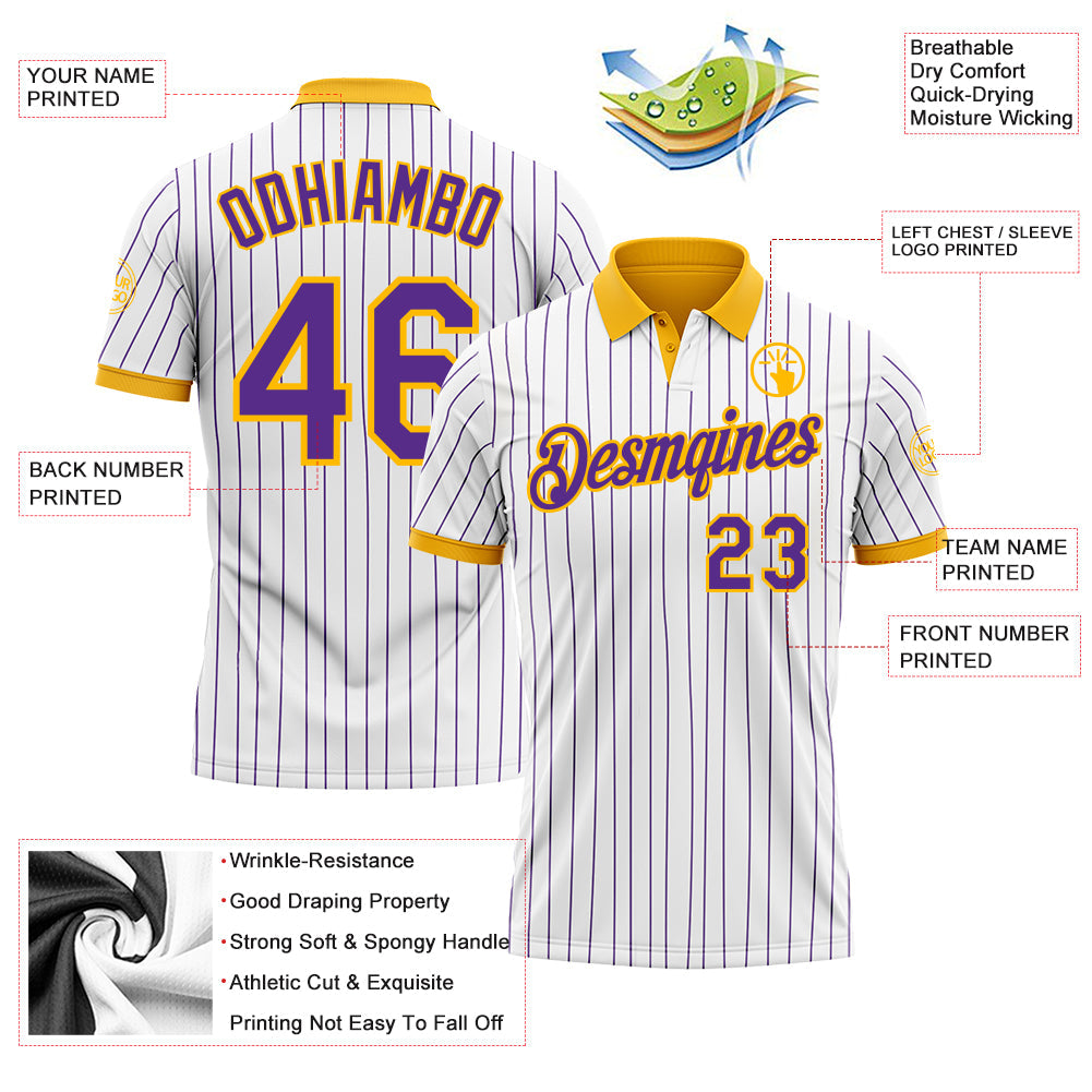 Custom White Purple Pinstripe-Gold Performance Polo Shirt view 3