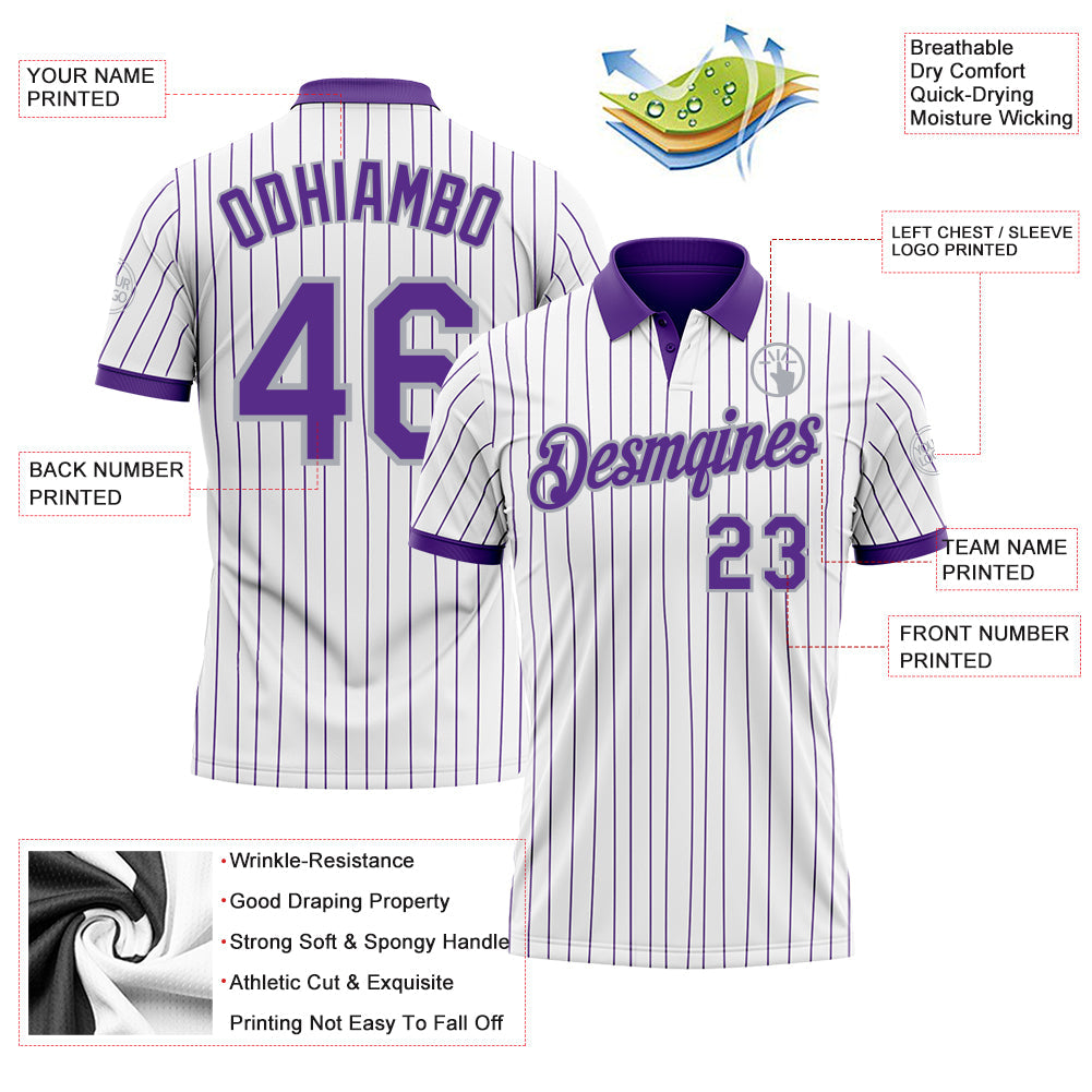 Custom White Purple Pinstripe-Gray Performance Polo Shirt view 3