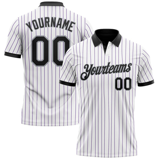Custom White Purple Pinstripe Black-Gray Performance Polo Shirt - Main View