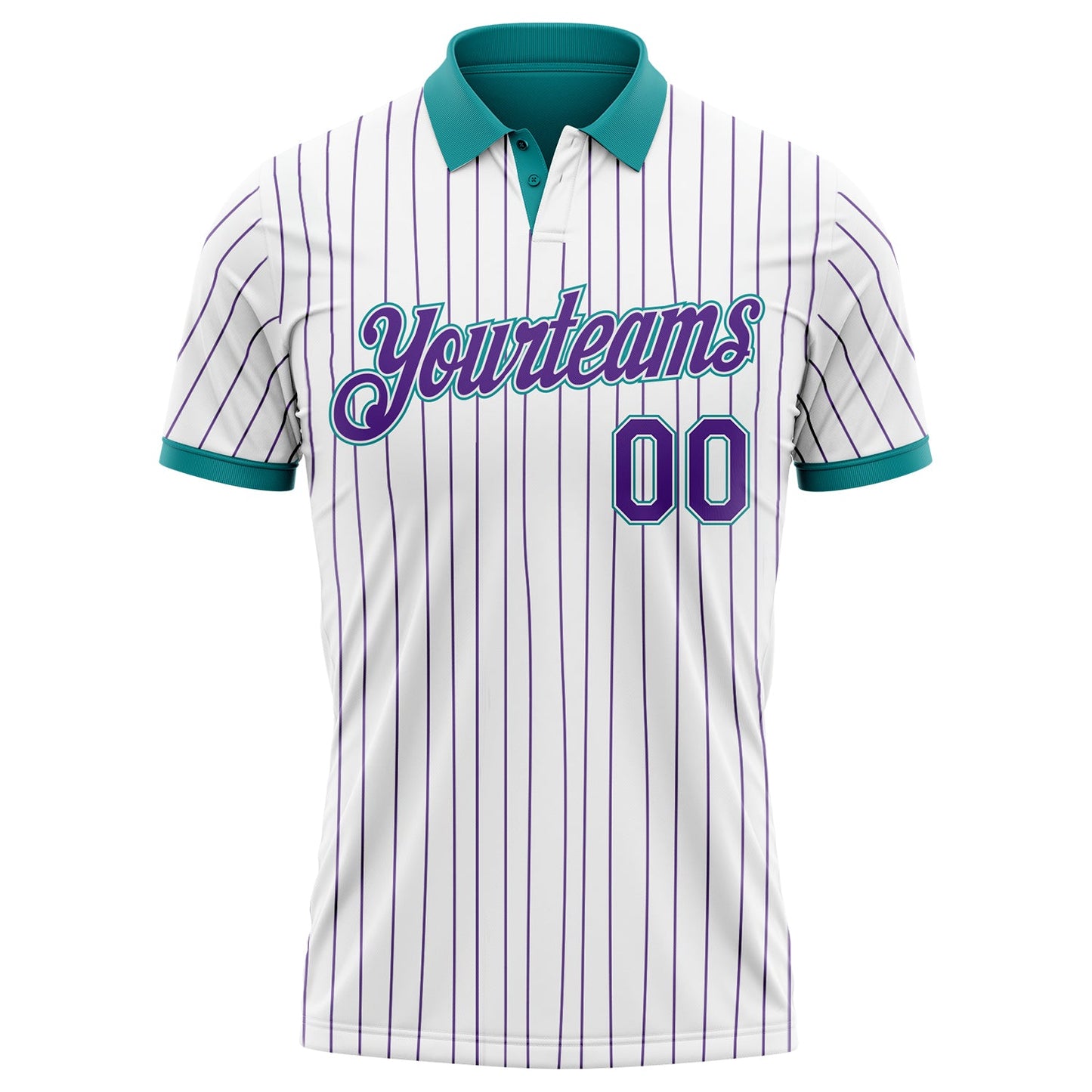 Custom White Purple Pinstripe-Teal Performance Polo Shirt view 2