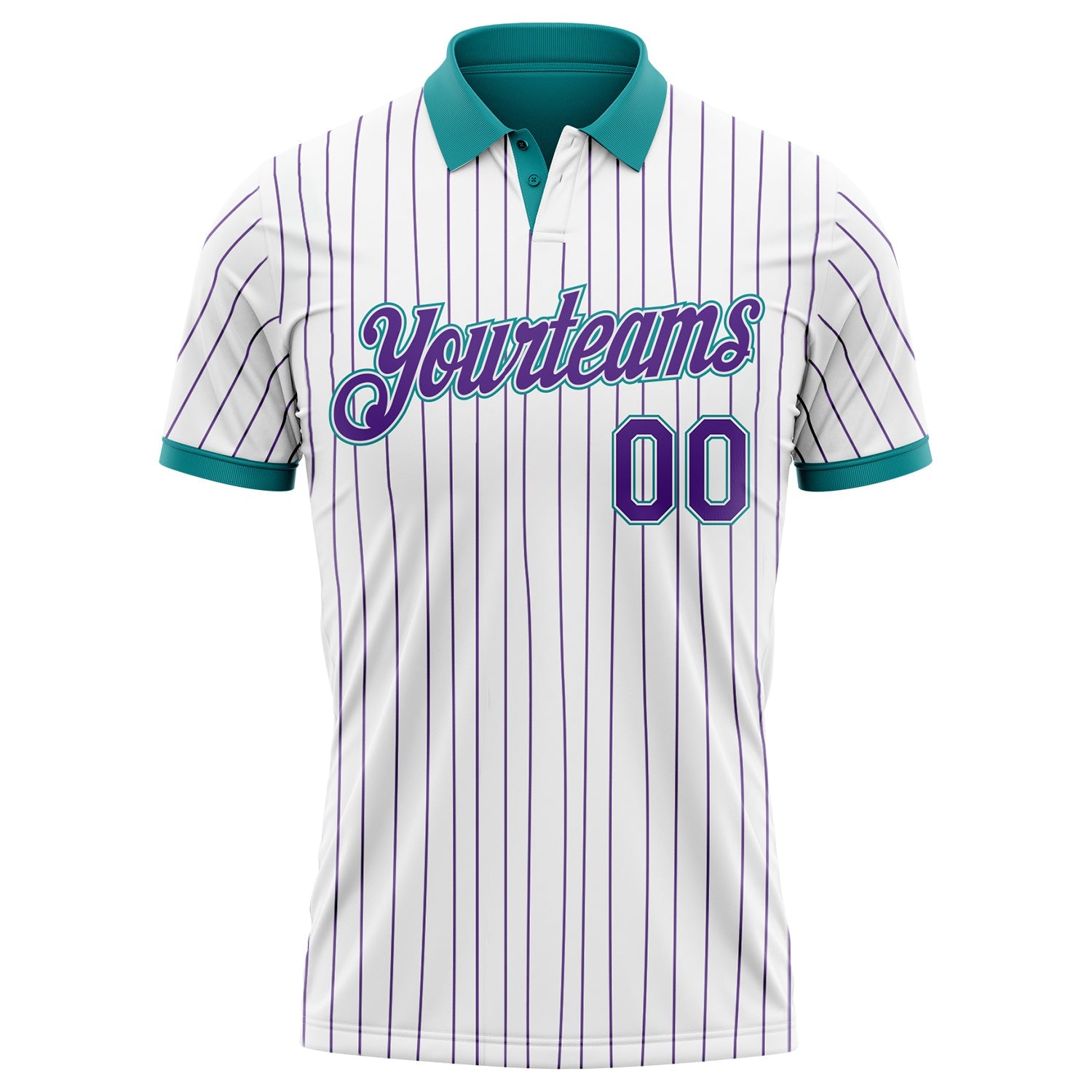Custom White Purple Pinstripe-Teal Performance Polo Shirt view 2