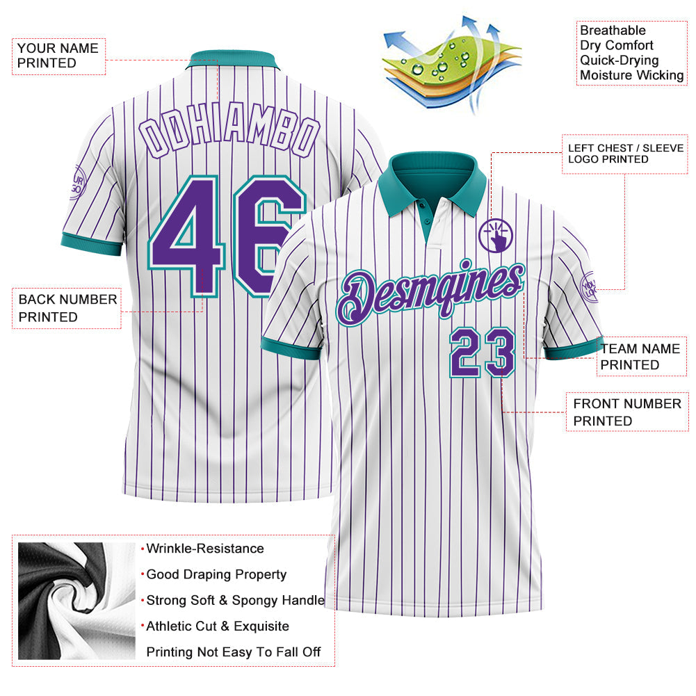 Custom White Purple Pinstripe-Teal Performance Polo Shirt view 3