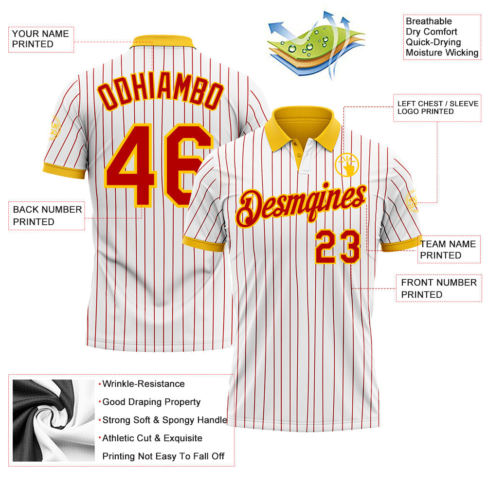 Custom White Red Pinstripe-Yellow Performance Polo Shirt view 3