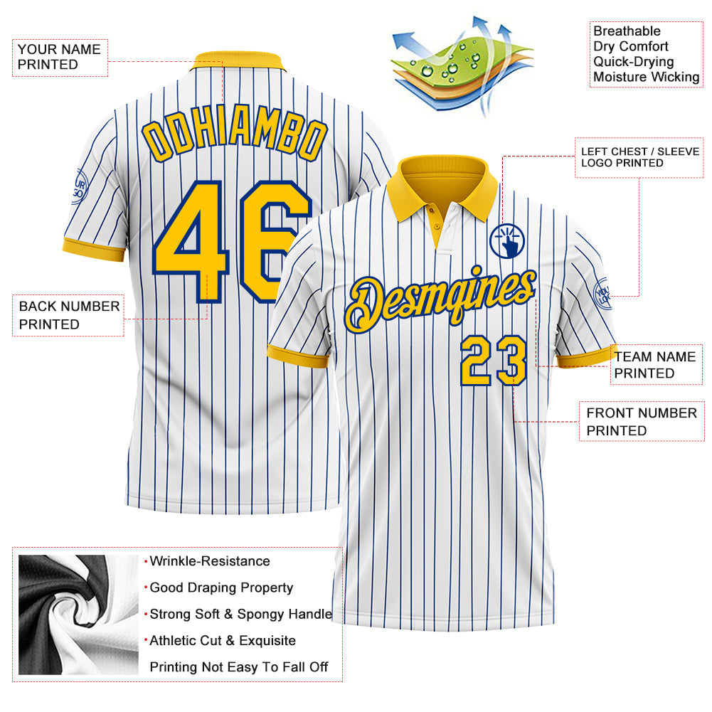 Custom White Royal Pinstripe-Yellow Performance Polo Shirt view 3