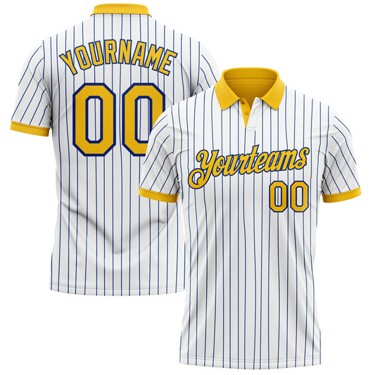 Custom White Royal Pinstripe-Yellow Performance Polo Shirt - Main View