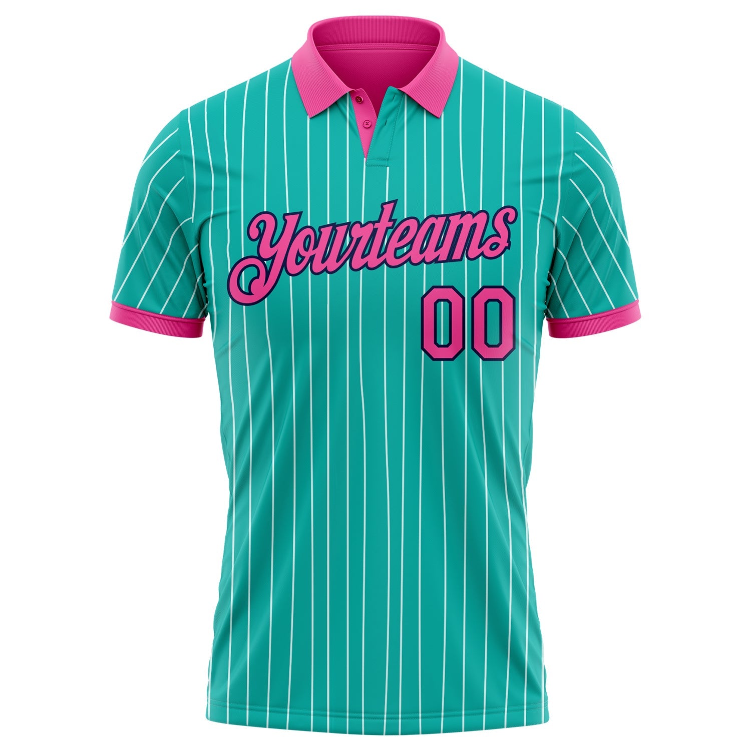 Custom Aqua White Pinstripe Pink-Navy Performance Polo Shirt view 2