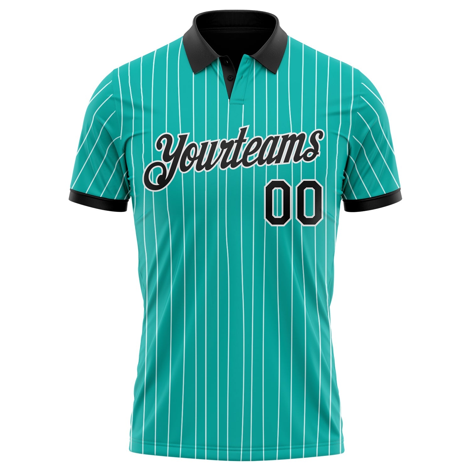 Custom Aqua White Pinstripe-Black Performance Polo Shirt view 2