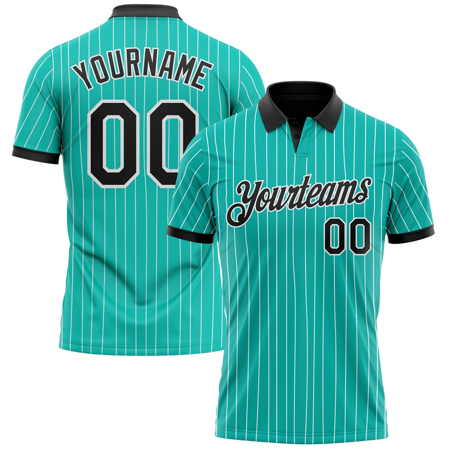 Custom Aqua White Pinstripe-Black Performance Polo Shirt - Main View