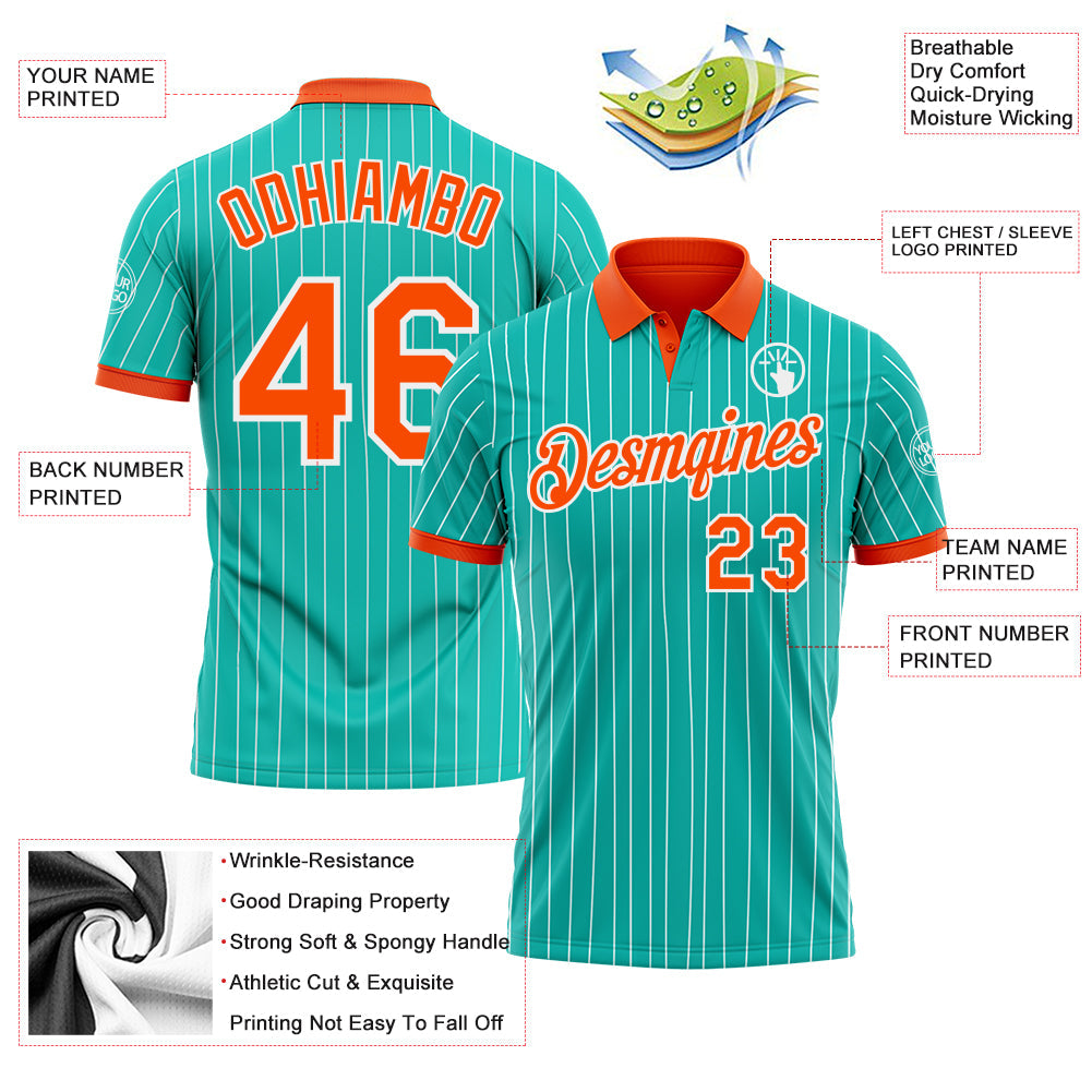 Custom Aqua White Pinstripe-Orange Performance Polo Shirt view 3