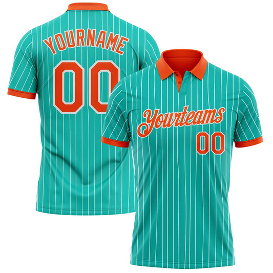 Custom Aqua White Pinstripe-Orange Performance Polo Shirt - Main View