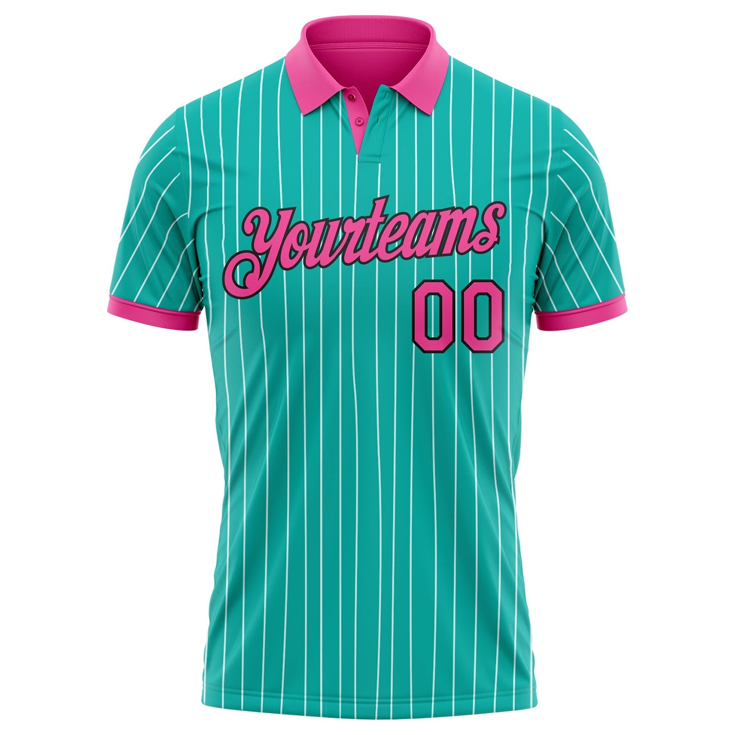 Custom Aqua White Pinstripe Pink-Black Performance Polo Shirt view 2