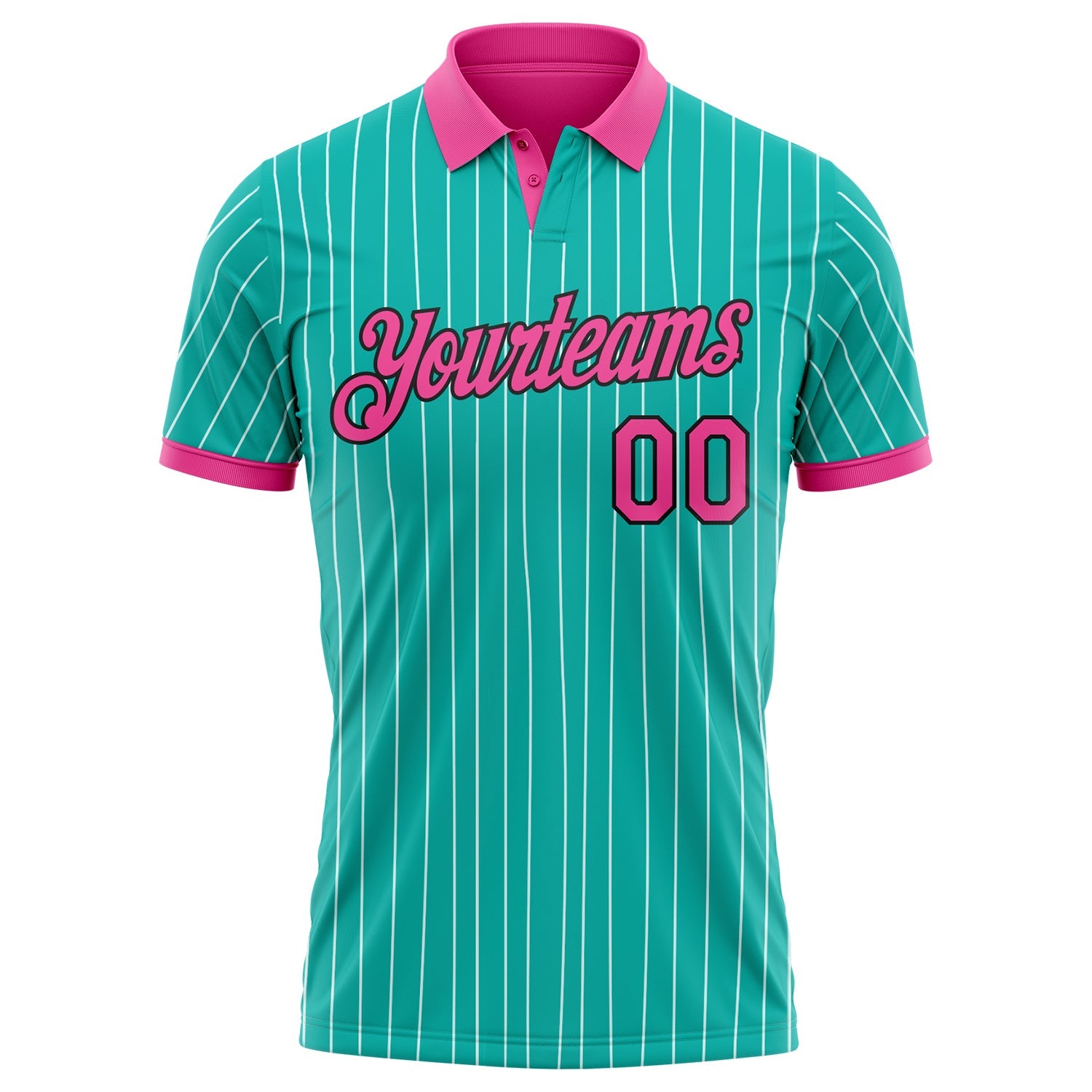 Custom Aqua White Pinstripe Pink-Black Performance Polo Shirt view 2