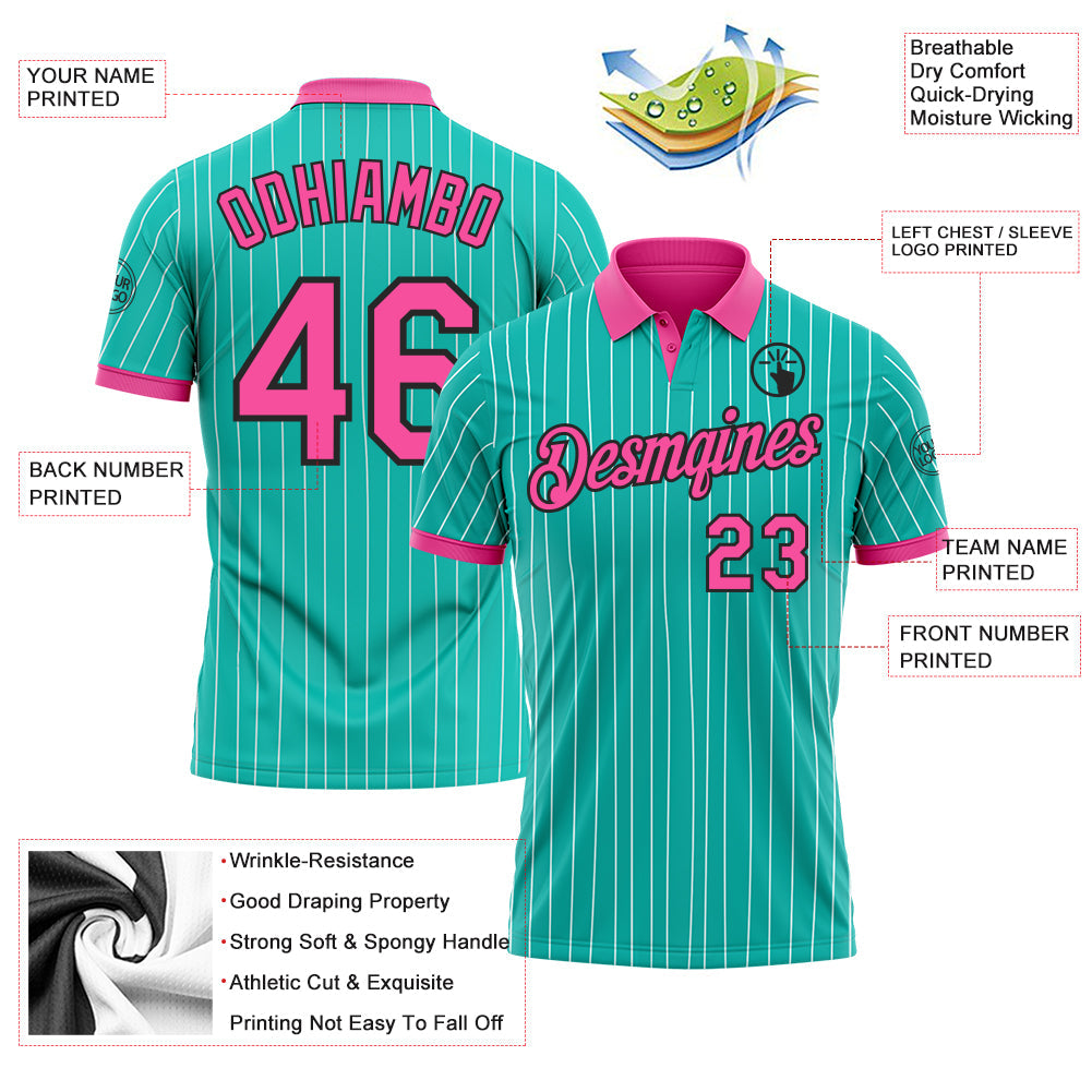 Custom Aqua White Pinstripe Pink-Black Performance Polo Shirt view 3