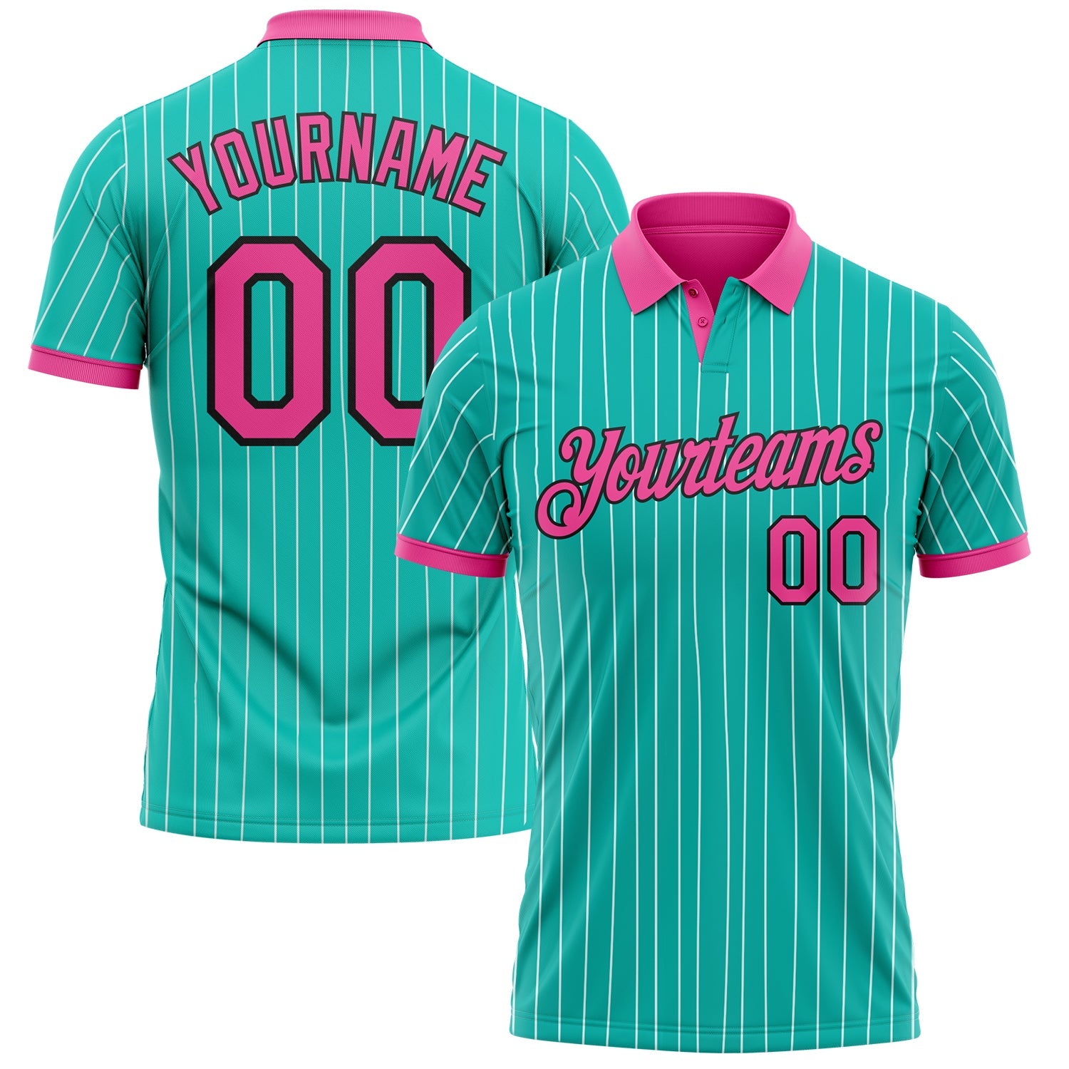Custom Aqua White Pinstripe Pink-Black Performance Polo Shirt - Main View